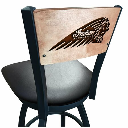 HOLLAND BAR STOOL CO 36" Blk Wrinkle Indian Motorcycle Swivel Bar Stool, Laser Engraved Back L03836BWMedMplAIndn-HDBlkVinyl